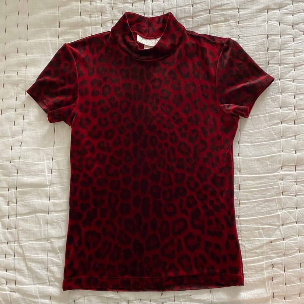 CACHE Red Velvet Leopard Print Turtleneck Top Size S